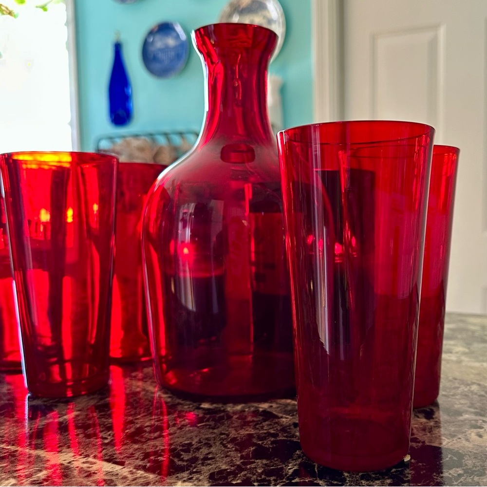Antique Red Glass Sangria Barware Set Art Deco Holiday